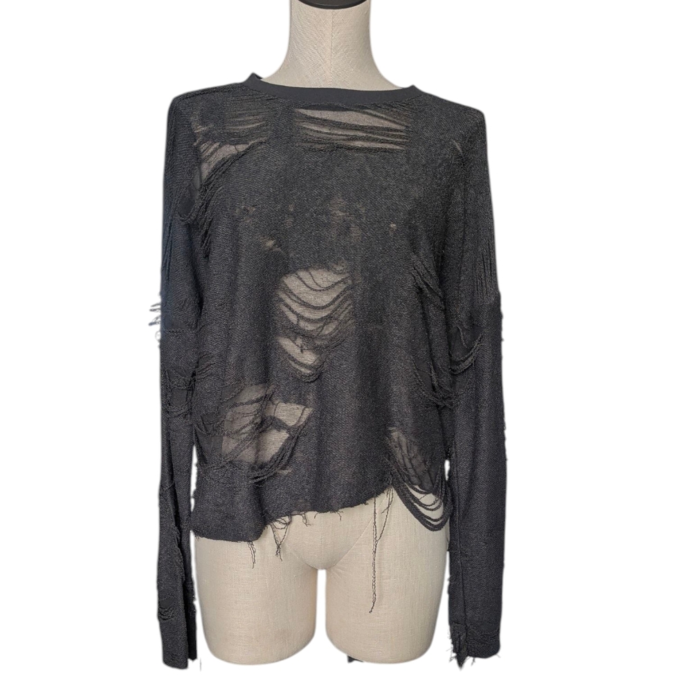 IRO Cotton Terry Distressed Destroyed Burnout Long Sleeve Sweatshirt Medium